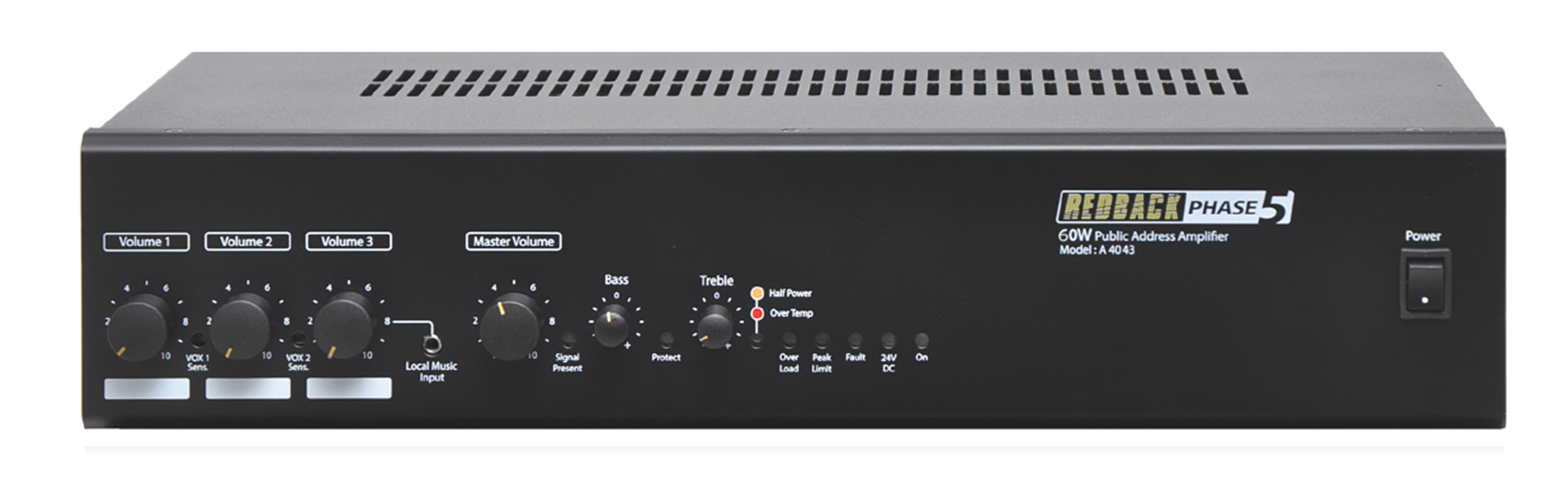 REDBACK A4043 PHASE5 PUBLIC ADDRESS AMPLIFIER 60W RMS 100V 3X XLR 3X RCA 240VAC 24VDC 2RU BLACK
