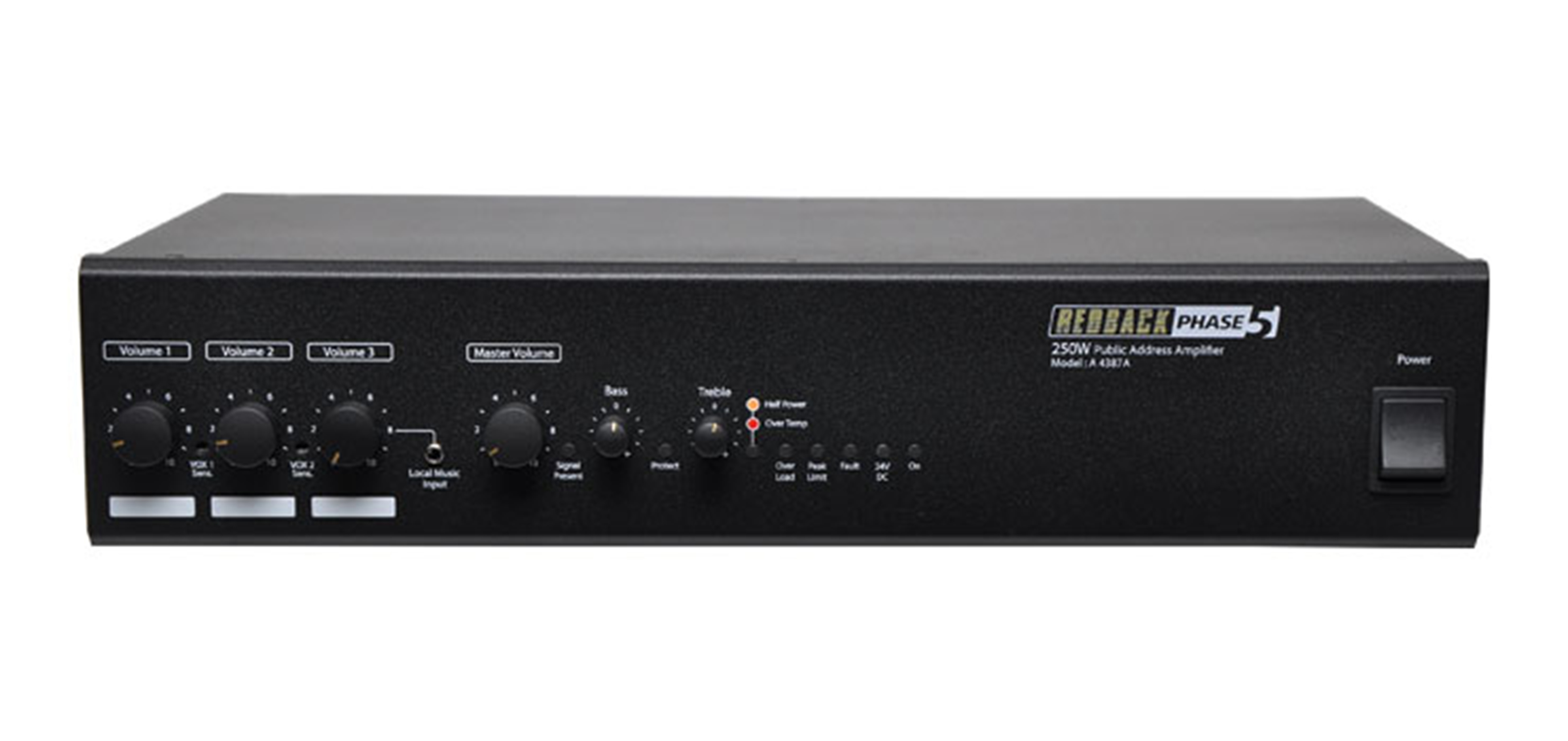 REDBACK A 4387A PHASE 5 MIXER AMPLIFIER 250W RMS 100V 240VAC 24VDC  BLACK 483Wx300Dx88H (MM