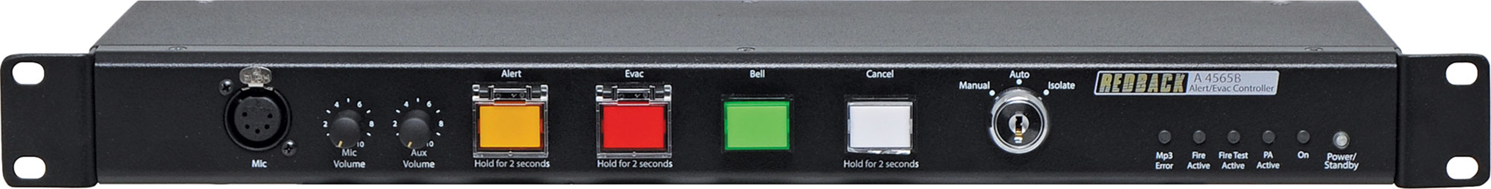 REDBACK A 4565B BUILDING EMERGENCY ALERT EVACUATION CONTROLLER 1X MIC INPUT 24VDC 2A 1U 19 INCH RACK MOUNTED BLACK