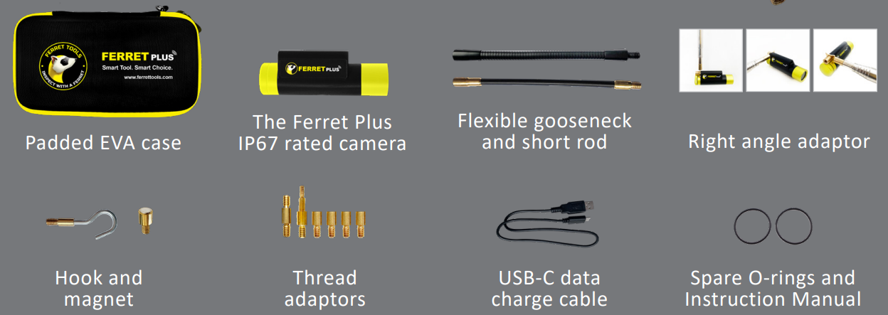 FERRET PLUS - MULTIPURPOSE WIFI INSPECTION CAMERA KIT (2.4GHz ONLY) YELLOW/BLACK IP67 720p UPTO 15M RANGE 60MIN TO CHARGE