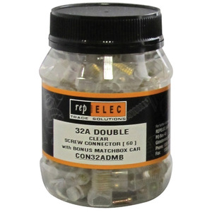 32A DOUBLE SCREW CABLE NUT CONNECTOR PLASTIC CLR 60 PACK