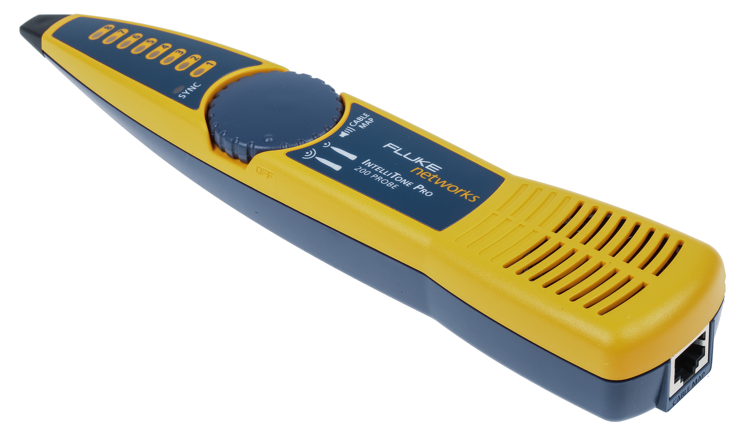 FLUKE NETWORKS MT-8200-63A INTELLITONE PRO 200 PROBE WITH RJ11 & RJ45 PATCH CABLE 8 x LEDs WORKS ON ACTIVE NETWORKS YELLOW/BLUE 9V BATTERY