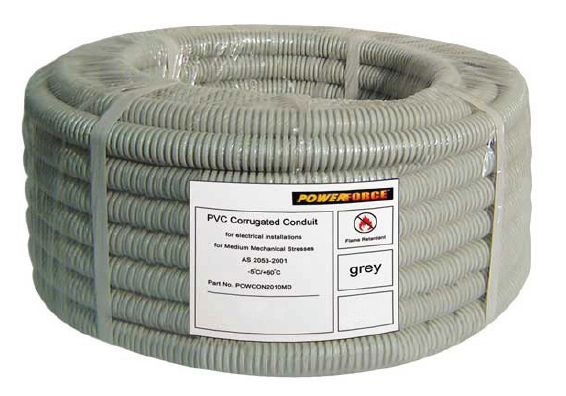 POWERFORCE PVC ROUND MEDIUM DUTY 25MM CORRUGATED CONDUIT 10M GREY