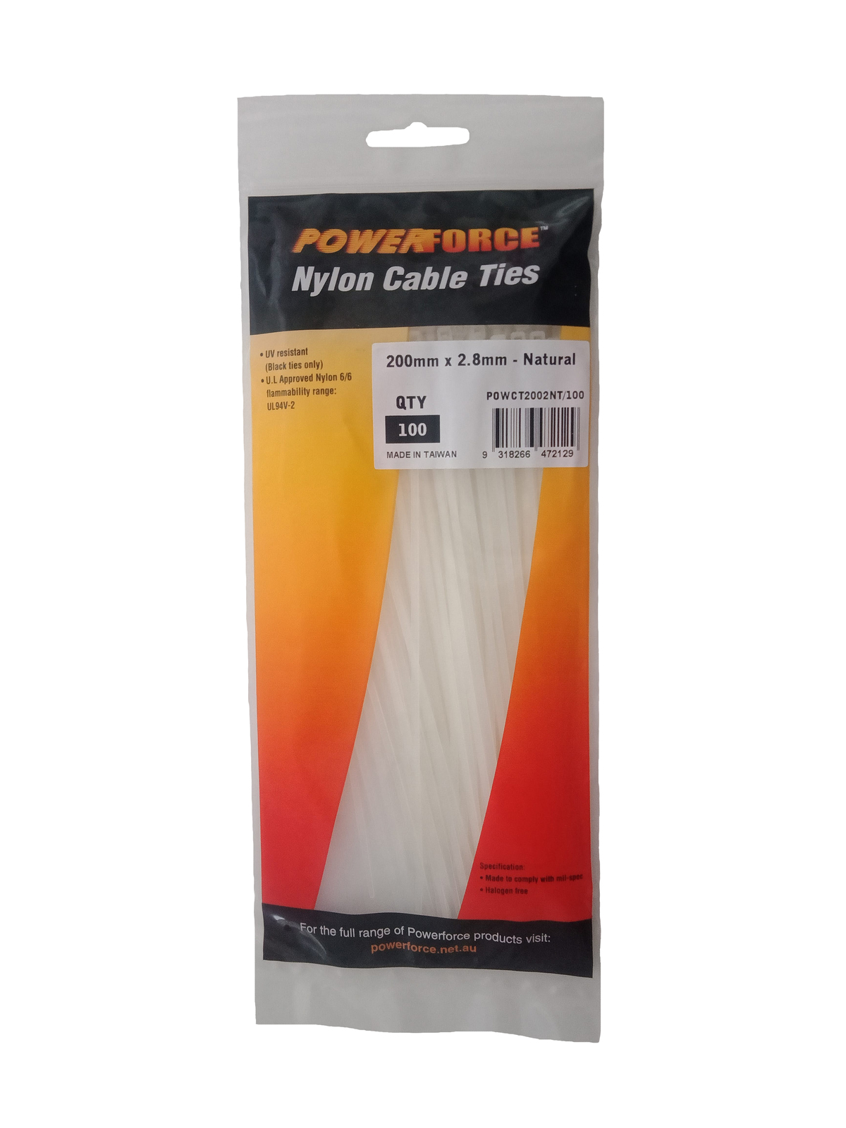 POWCT2002NT/100 CABLE TIE, NYLON - NATURAL 200mm x 2.8mm [100] PACK
