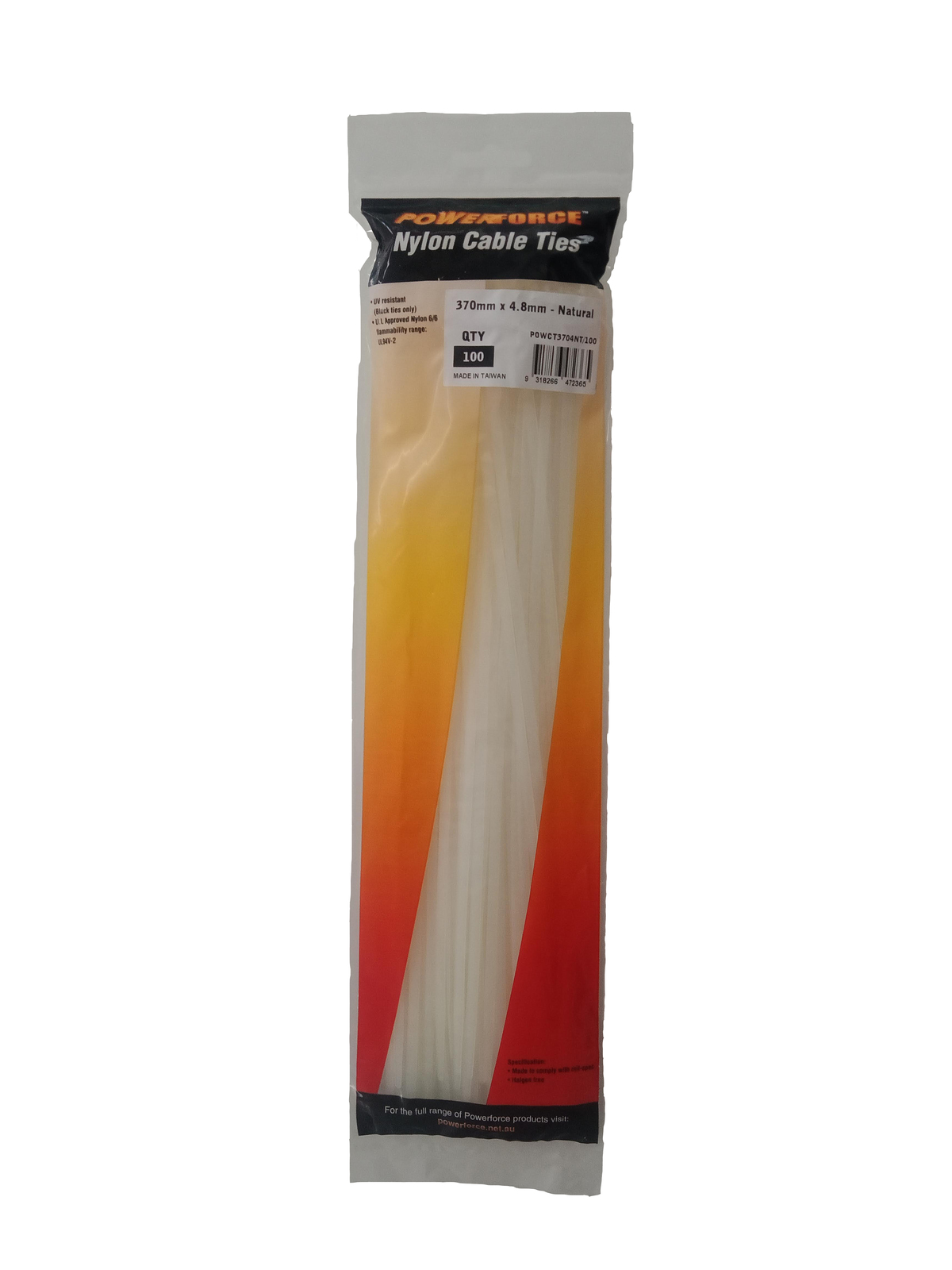 POWCT3704NT/100 CABLE TIE, NYLON - NATURAL 370mm x 4.8mm [100] PACK