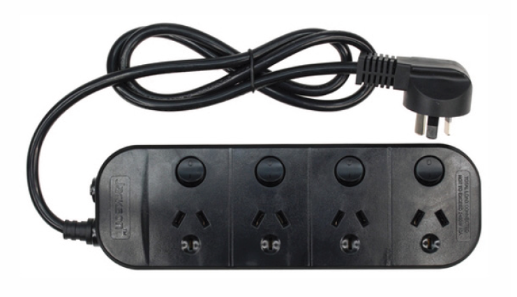 JACKSON 4-WAY POWERBOARD INDIVIDUALLY SWITCHED BLACK WITH 4 x 3-PIN OUTPUT WITH SURGE/OVERLOAD