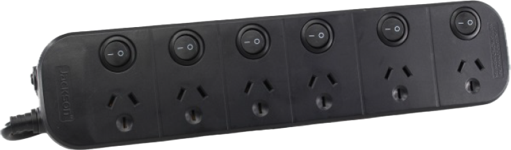 JACKSON 6-WAY POWERBOARD INDIVIDUALLY SWITCHED BLACK WITH 6 x 3-PIN OUTPUT WITH SURGE/OVERLOAD