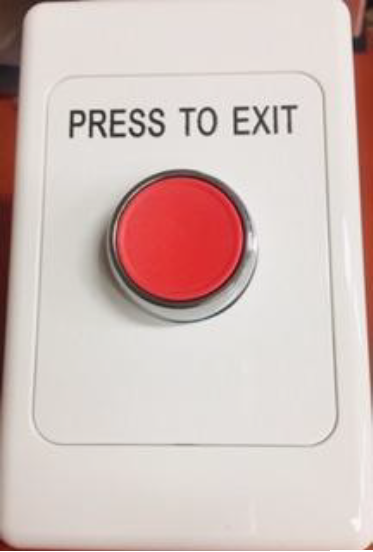 PUSH BUTTON ON ENGRAVED PLASTIC PLATE  RED SHROUDED BUTTON