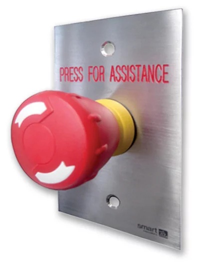 SMART TWIST-TO-RELEASE BUTTON RED MUSHROOM HEAD ON FLAT STANDARD STAINLESS STEEL PLATE WITH 
