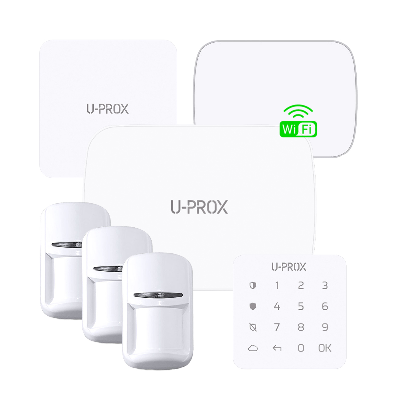 U-PROX WIRELESS MPX LE ALARM KIT INCLUDES 1 x PANEL WITH 4G + WI-FI + LAN COMMS LI-ION BACKUP BATTERY 1 x PSU 3 x PIR 1 x G1 KEYPAD 1 x SIREN 1 x OUTDOOR SIREN ALL DEVICES COME WITH LI-ION BATTERY