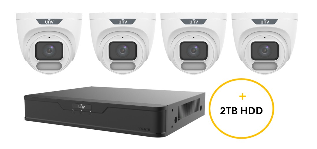 UNV EASYSTAR CCTV KIT INC 4x 6MP WHT EASY TURRET CAM 2.8MM (UNVIPC3626LE-ADF28K-WP) 4CH BLK NVR (UNVNVR301-04B-P4-IQ) NON EXP HDD W/ 2TB HDD NOT LOADED