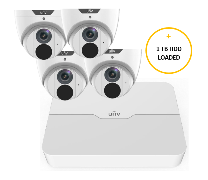 UNIVIEW EASY STARTER CCTV KIT INCLUDES 4 x 6MP WHITE EASY TURRET CAMERA 2.8MM & 4 CHANNEL WHITE NVR NON-EXPANDABLE HDD WITH 1TB HDD LOADED