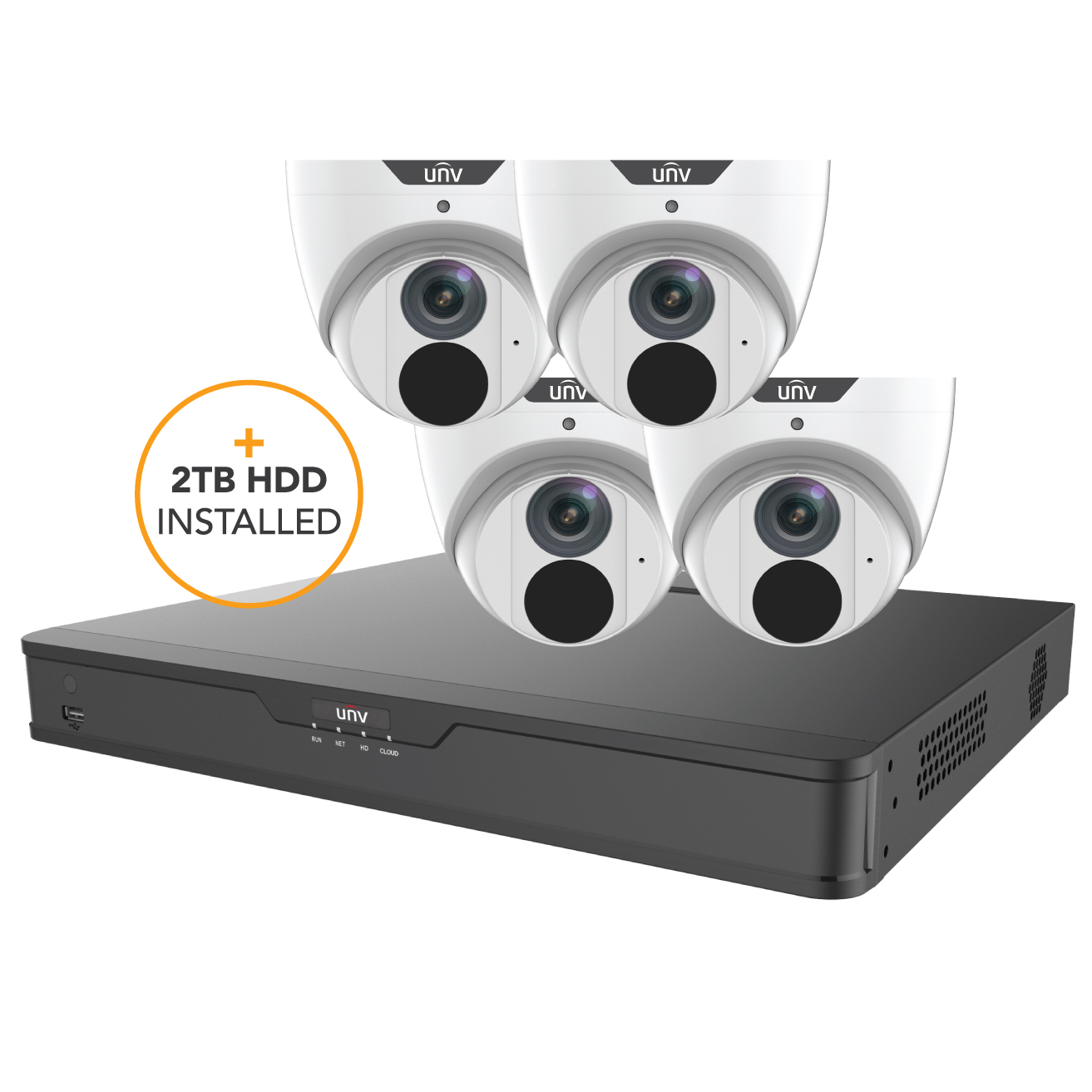 UNIVIEW EASY STARTER KIT INCLUDES 4 x 6MP WHITE EASYSTAR TURRET CAMERAS 2.8MM & 8 CHANNEL BLACK NVR EXPANDABLE HDD WITH 2TB HDD LOADED