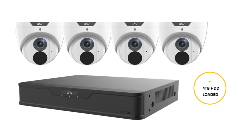 UNIVIEW EASY CCTV KIT INCLUDES 4 x 6MP WHITE EASY TURRET CAMERA 2.8MM (UNVIPC3616LE-ADF28KM-G) 8 CHANNELS BLACK NVR (UNVNVR301-08B-P8-IQ) NON EXP HDD WITH 4TB HDD LOADED
