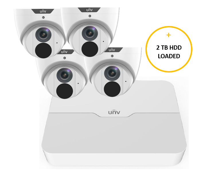 UNV EASY STARTER CCTV KIT INCLUDES 4 x 6MP WHITE EASY TURRET CAMERA 2.8MM & 8 CHANNEL WHITE NVR NON-EXPANDABLE HDD WITH 2TB HDD LOADED