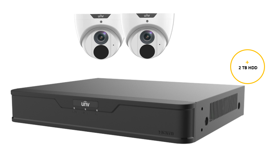 UNIVIEW EASY CCTV KIT INCLUDES 2 x 6MP WHITE EASY TURRET CAMERA 2.8MM (UNVIPC3616LE-ADF28KM-G) 4 CHANNELS BLACK NVR (UNVNVR301-04B-P4-IQ) NON EXP HDD WITH 2TB HDD NOT LOADED