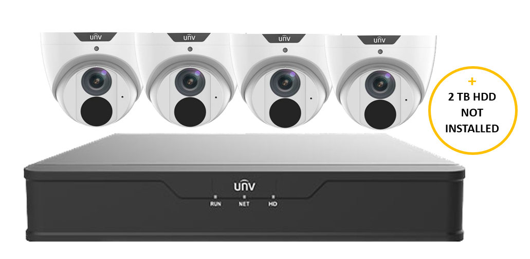 UNIVIEW EASYSTAR LIGHT KIT INCLUDES 4 x 6MP WHITE EASYSTAR TURRET CAMERA 2.8MM & 4 CHANNEL BLACK NVR NON-EXPANDABLE HDD WITH 2TB HDD NOT LOADED