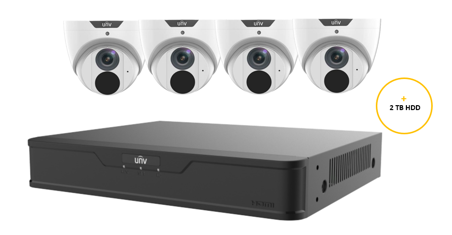 UNIVIEW EASY CCTV KIT INCLUDES 4 x 6MP WHITE EASY TURRET CAMERA 2.8MM (UNVIPC3616LE-ADF28KM-G) 4 CHANNELS BLACK NVR (UNVNVR301-04B-P4-IQ) NON EXP HDD WITH 2TB HDD NOT LOADED