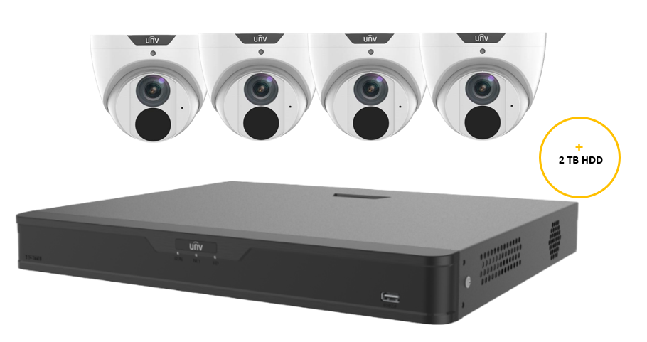 UNIVIEW EASY CCTV KIT INCLUDES 4 x 6MP WHITE EASY TURRET CAMERA 2.8MM (UNVIPC3616LE-ADF28KM-G) 8 CHANNELS BLACK NVR (UNVNVR302-08B-P8-IQ) EXP HDD WITH 2TB HDD NOT LOADED