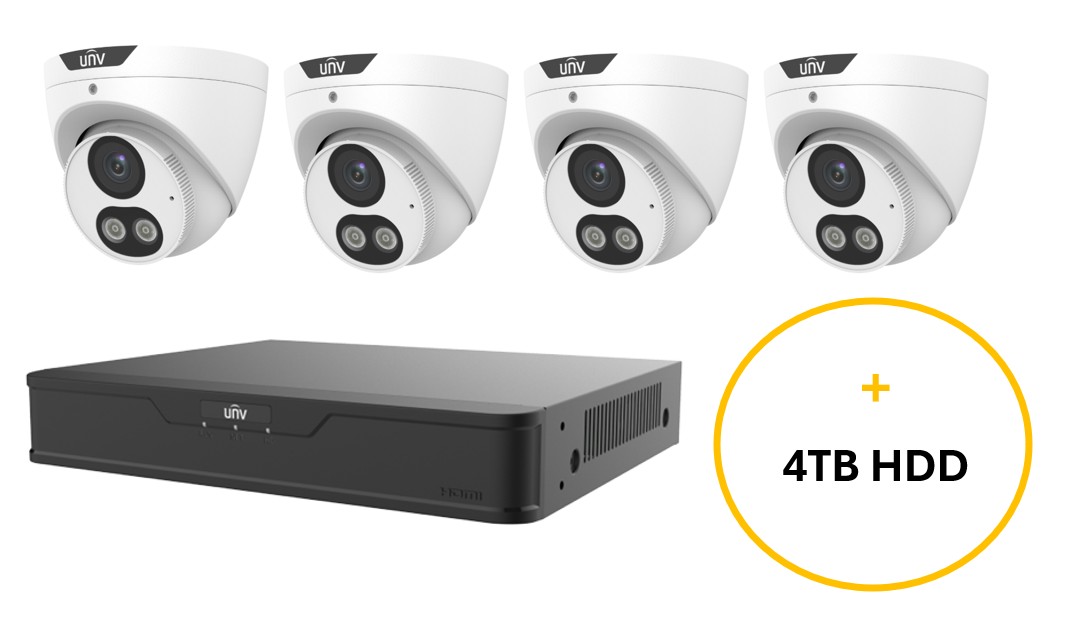 UNV EASY STAR CCTV KIT INC 4 x 6MP WHT DUAL LIGHT EASY STAR TURRET CAM 2.8MM (UNVIPC3616LE-ADF28KM-DL) 8CH BLK NVR (UNVNVR301-08B-P8-IQ) NON EXP HDD W/ 4TB HDD NOT LOADED