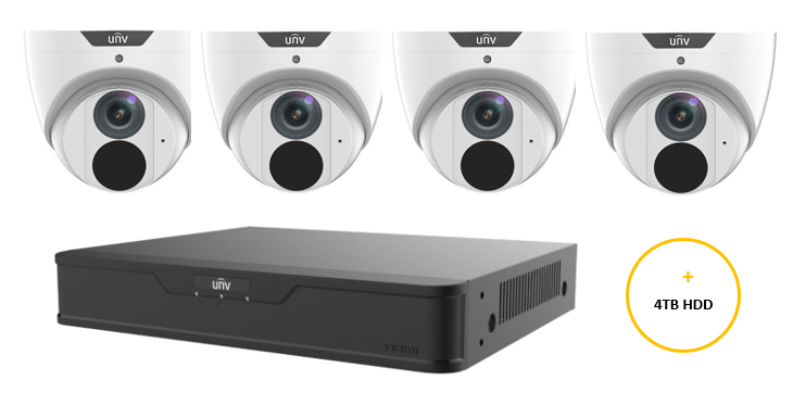 UNIVIEW EASY CCTV KIT INCLUDES 4 x 6MP WHITE EASY TURRET CAMERA 2.8MM (UNVIPC3616LE-ADF28KM-G) 8 CHANNELS BLACK NVR (UNVNVR301-08B-P8-IQ) NON EXP HDD WITH 4TB HDD NOT LOADED