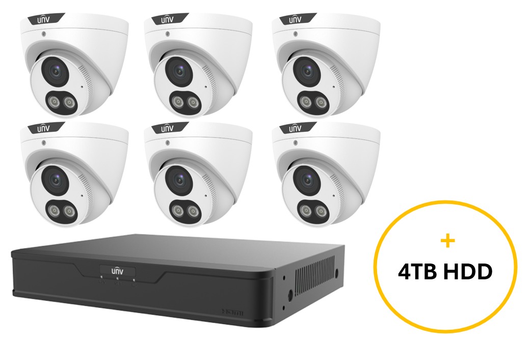 UNV EASY STAR CCTV KIT INC 6 x 6MP WHT DUAL LIGHT EASY STAR TURRET CAM 2.8MM (UNVIPC3616LE-ADF28KM-DL) 8CH BLK NVR (UNVNVR301-08B-P8-IQ) NON EXP HDD W/ 4TB HDD NOT LOADED