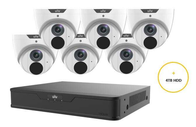 UNIVIEW EASY CCTV KIT INCLUDES 6 x 6MP WHITE EASY TURRET CAMERA 2.8MM (UNVIPC3616LE-ADF28KM-G) 8 CHANNELS BLACK NVR (UNVNVR301-08B-P8-IQ) NON EXP HDD WITH 4TB HDD NOT LOADED