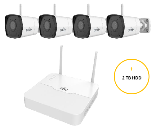 UNV EASY WIFI KIT INCLUDES 4 x 2MP WHITE EASY WIFI BULLET CAMERA 2.8MM (IPC2122LB-ABF28WK-G) 4 CHANNEL WHITE WIFI NVR (NVR301-04LS3-W) NON EXPANDABLE HDD WITH 2TB HDD LOADED