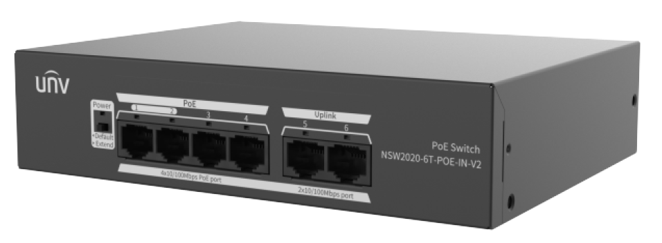 UNV 4PORT ( 6P) SWITCH 4x POE 65W POE BUDGET 2x POE+ 2x100M UPLINK L2 UNMANAGED BLACK 240VAC