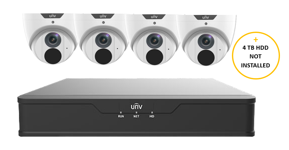 UNIVIEW PRIME KIT INCLUDES 4 x 6MP AI WHITE PRIME-I TURRET CAMERA 2.8MM & 8 CHANNEL BLACK NVR EXPANDABLE HDD WITH 4TB HDD NOT LOADED