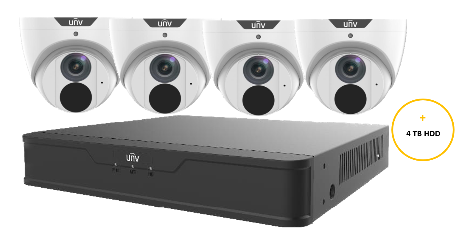 UNIVIEW PRIME-1 KIT INCLUDES 4 x 8MP WHITE PRIME-1 TURRET CAMERAS 2.8MM (UNVIPC3618SB-ADF28KM-I0) 4 CHANNEL BLACK NVR (UNVNVR501-04B-P4) NON EXPANDABLE HDD WITH 4TB HDD NOT LOADED