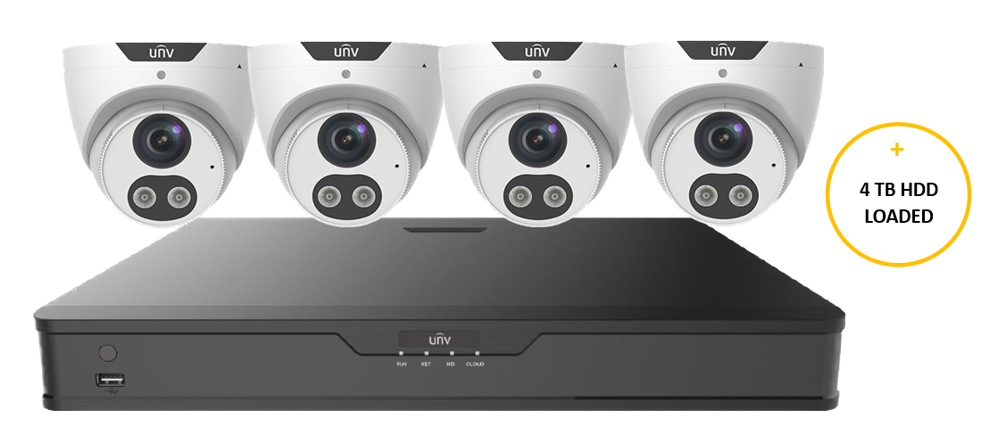 UNV PRIME KIT INCLUDES 4 x 8MP AI WHITE PRIME-I TURRET CAMERA 2.8MM TRI-GUARD & 8 CHANNEL BLACK NVR EXPANDABLE HDD WITH 4TB HDD LOADED