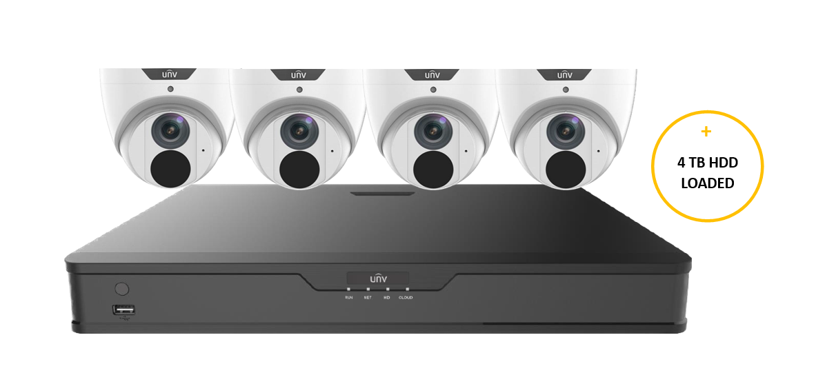 UNIVIEW PRIME KIT INCLUDES 4 x 8MP AI WHITE PRIME-I TURRET CAMERA 2.8MM & 8 CHANNEL BLACK NVR EXPANDABLE HDD WITH 4TB HDD LOADED