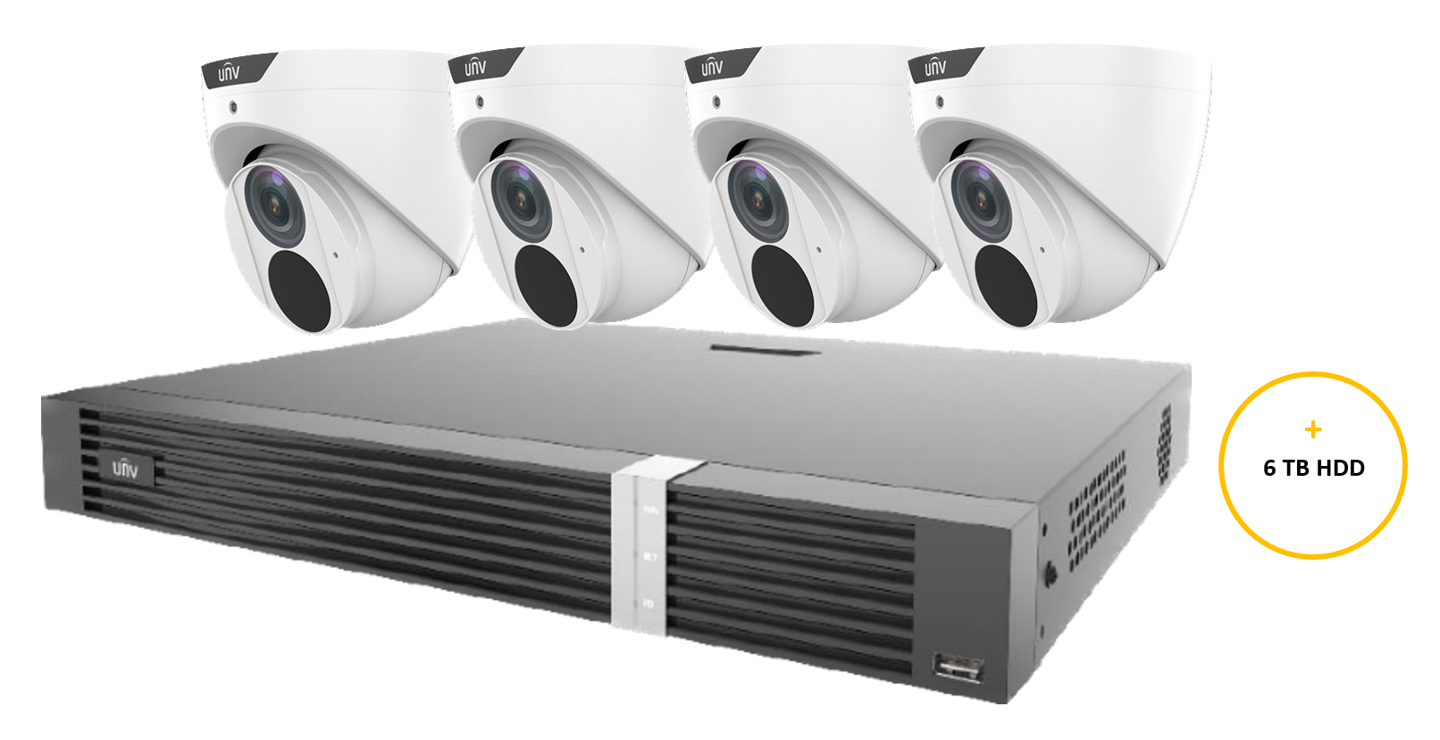 UNIVIEW PRIME-1 KIT INCLUDES 4 x 8MP WHITE PRIME-1 TURRET CAMERAS 2.8MM (UNVIPC3618SB-ADF28KM-I0) 8 CHANNEL BLACK NVR (UNVNVR302-08E2-P8-IQ) EXPANDABLE HDD WITH 6TB HDD NOT LOADED