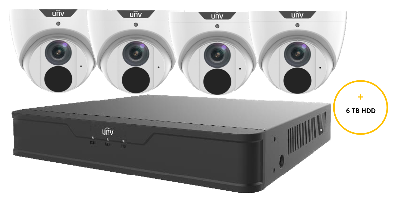 UNIVIEW PRIME-1 KIT INCLUDES 4 x 8MP WHITE PRIME-1 TURRET CAMERAS 2.8MM (UNVIPC3618SB-ADF28KM-I0) 8 CHANNEL BLACK NVR (UNVNVR501-08B-P8) NON EXPANDABLE HDD WITH 6TB HDD NOT LOADED
