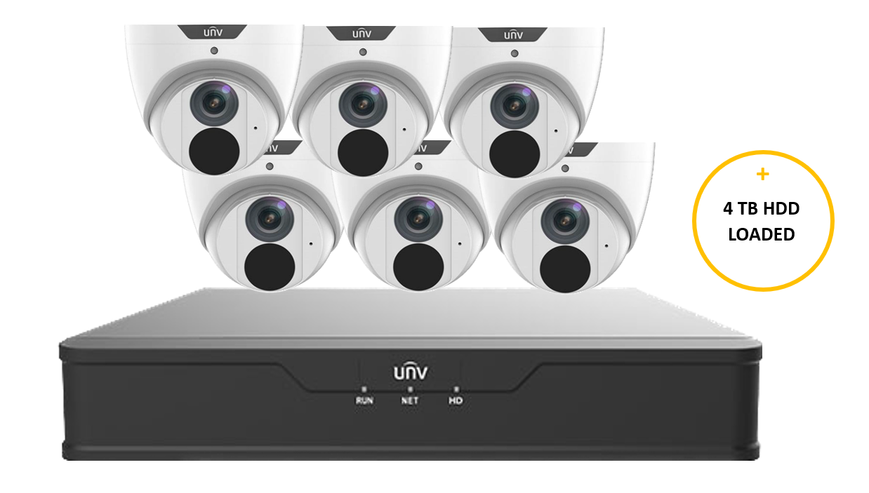 UNIVIEW PRIME KIT INCLUDES 6 x 6MP AI WHITE PRIME-I TURRET CAMERA 2.8MM & 8 CHANNEL BLACK NVR EXPANDABLE HDD WITH 4TB HDD LOADED