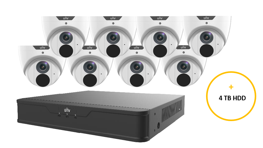 UNIVIEW PRIME KIT INCLUDES 8 x 6MP AI WHITE PRIME-I TURRET CAMERA 2.8MM (IPC3616SB-ADF28KM-I0) 8 CHANNEL BLACK NVR (NVR501-08B-P8) NON-EXPANDED HDD WITH 4TB HDD INCLUDED