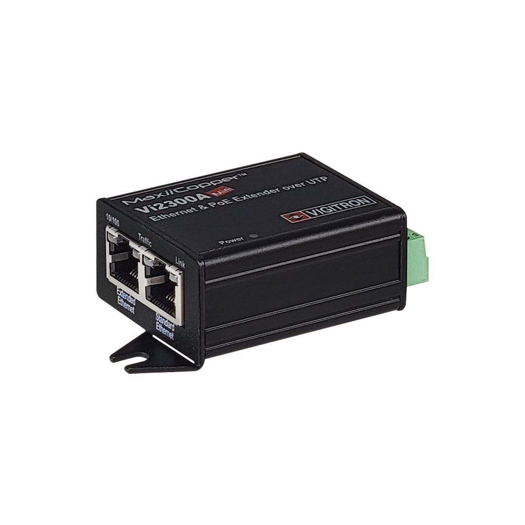 VIGITRON MAXIICOPPER MINI SINGLE PORT ETHERNET EXTENDER OVER CAT5/6 4K UHD UPTO 640M @ 100MB/ 914M @ 10MB POE P/THROUGH OPERATE TEMP -40?C TO 75?C 12VDC 25Hx45Wx50L (MM) SUITS VI2301A/ VI22001/ VI2300WP