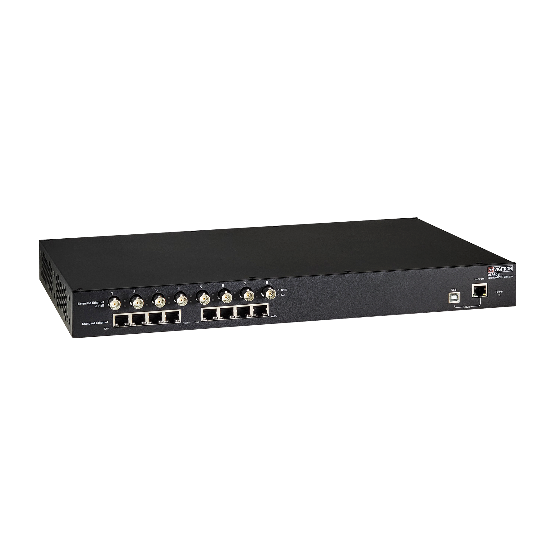 VIGITRON Vi2608 VI2600 SERIES 8PORT 300W POE+ OP TEMP -10 ~ +40&DEG; BLACK 90-264VAC, 50/60HZ BUILT-IN COAX ETHERNET EXTENDER 8-PORT MANAGED COAX POE MIDSPAN